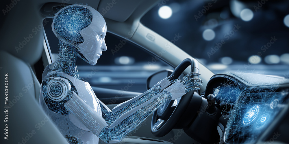 Poster humanoid robot is driving car autonomously at night, showcasing advanced technology and artificial i