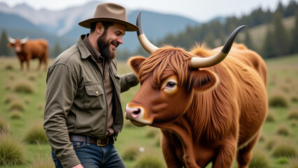Man standing next to large brown cow smiling on scenic farm field background