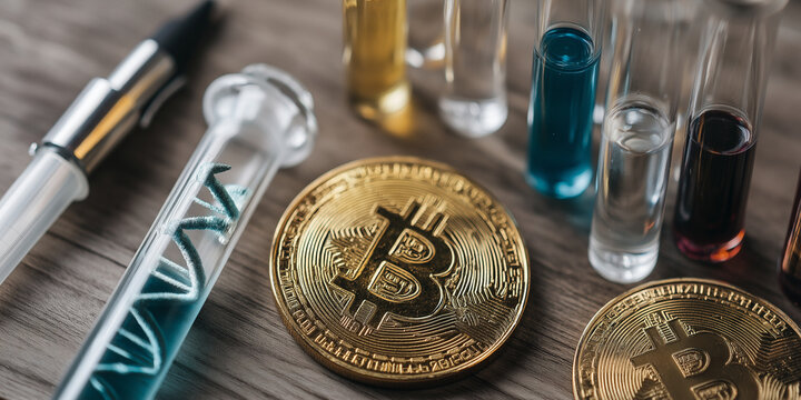 Gold cryptocurrency coin with Bitcoin symbol is placed among test tubes filled with colorful liquids, symbolizing intersection of finance and scientific research