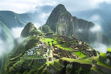 Machu Picchu shrouded in morning mist, ancient Incan ruins surrounded by lush green mountains, breathtaking realism