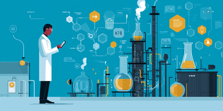 Scientist lab coat stands futuristic laboratory, analyzing data digital device. background features advanced chemical equipment and molecular diagrams, symbolizing innovation carbon capture - Powered by Adobe