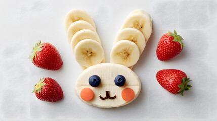 Cute bunny face made from banana, strawberry and blueberry slices, fun food art for kids, white background