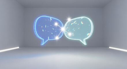Two glowing neon speech bubbles in a modern room