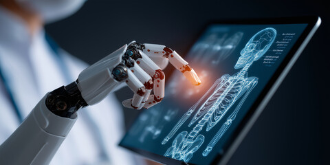 Robotic hand interacts with digital tablet displaying human skeleton, highlighting integration of technology in healthcare. scene emphasizes innovation and futuristic medical advancements