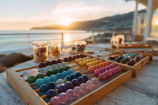 Colorful Abacus Beads on Wooden Table with Sunset Over Ocean in Background, Bright and Vibrant Scene for Educational and Inspirational Use