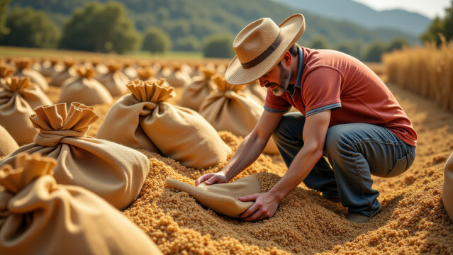 Farmer kneeling in sand carefully inspecting freshly harvested sweet potatoes - Powered by Adobe