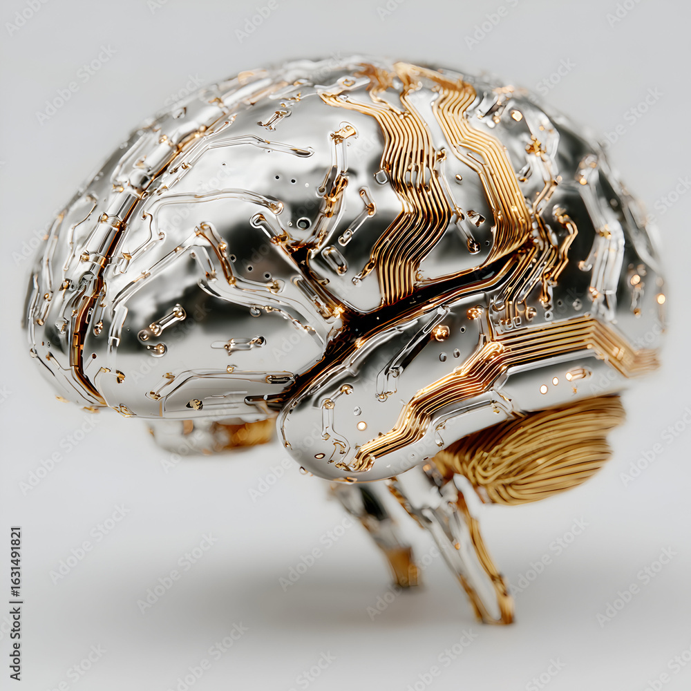 Poster futuristic brain concept gleaming with metallic and gold accents, symbolizing artificial intelligenc