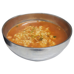 A curated collection of images showing a bowl of spicy Korean instant ramen with noodles and broth.