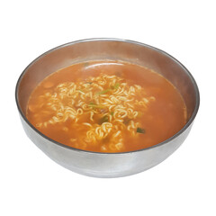 A curated collection of images showing a bowl of spicy Korean instant ramen with noodles and broth.