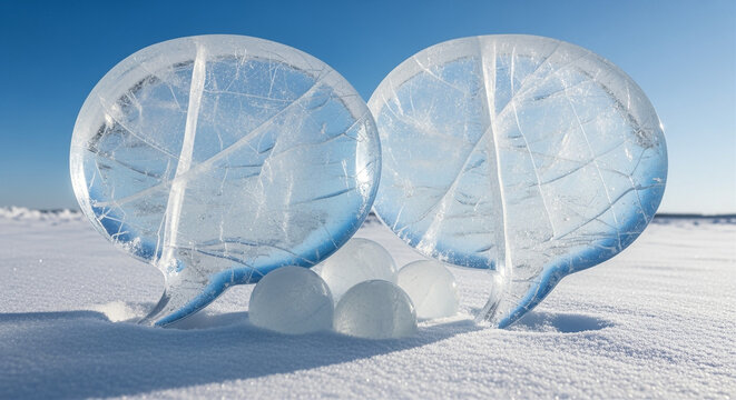 Two transparent ice speech bubbles with smaller ice spheres on a snowy surface