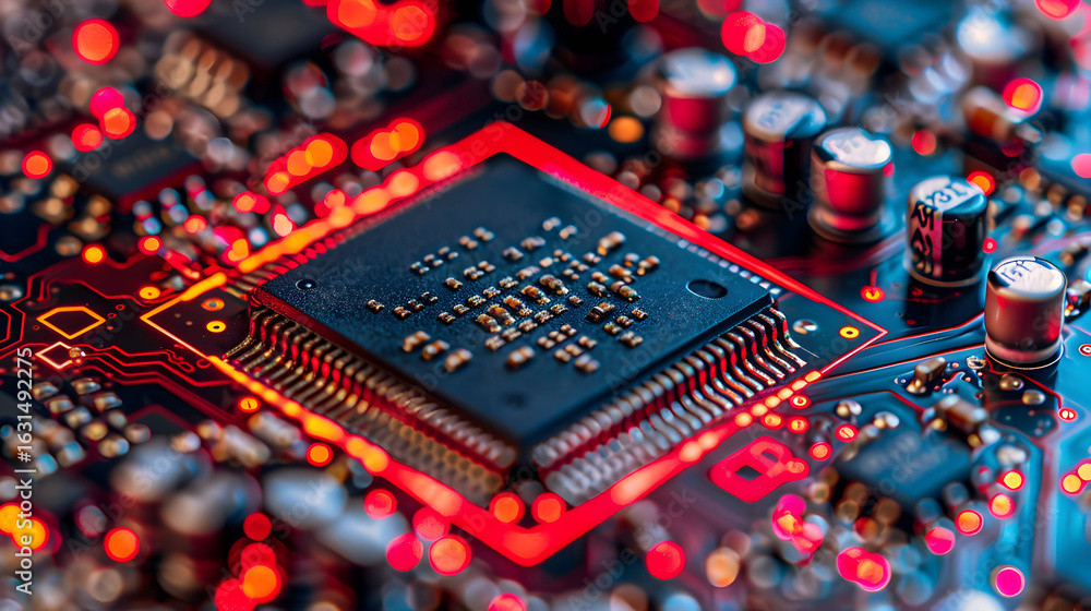 Poster cutting-edge microchip technology powering modern innovation with glowing red circuits and advanced 