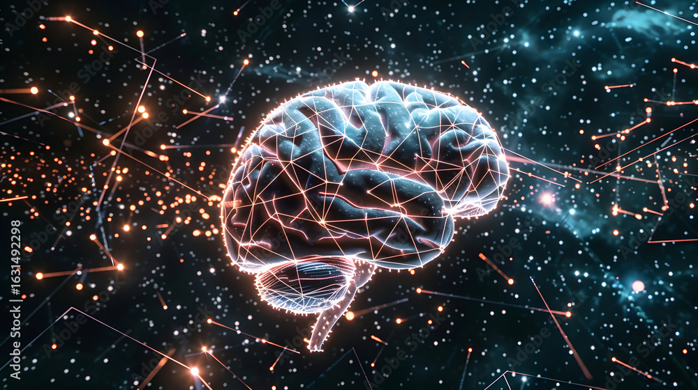 Poster visualize artificial intelligence with a glowing brain network and sparkles, representing innovation