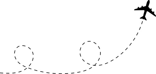 Airplane with dotted line route. flying plane with twisted, curved, dashed trace path. Route icon - two points with dotted path. Route location transparent PNG and vector illustration.