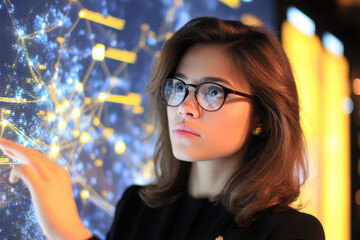 A young woman with glasses interacts with a digital display filled with glowing connections and data points, showcasing technology and innovation.