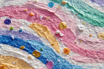 Fototapeta premium Colorful Abstract Patterns with Striking Swirls and Dots in Vibrant Hues of Blue, Pink, Green, and Gold on Textured Paper Surface Creating Visual Delight