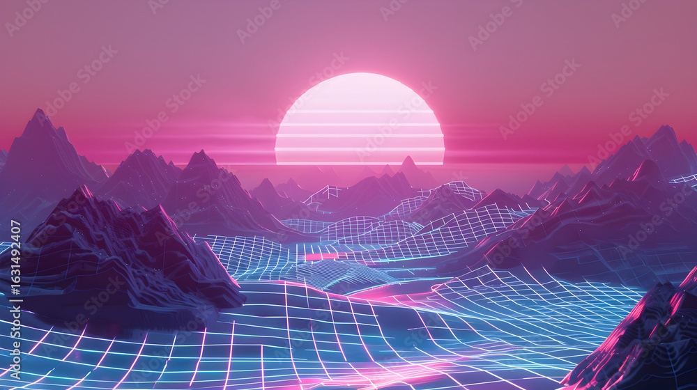 Poster experience the nostalgic vibes of a retro sunset over digital mountains, perfect for adding a touch 