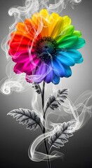 Vibrant rainbow flower with colorful petals surrounded by wispy smoke