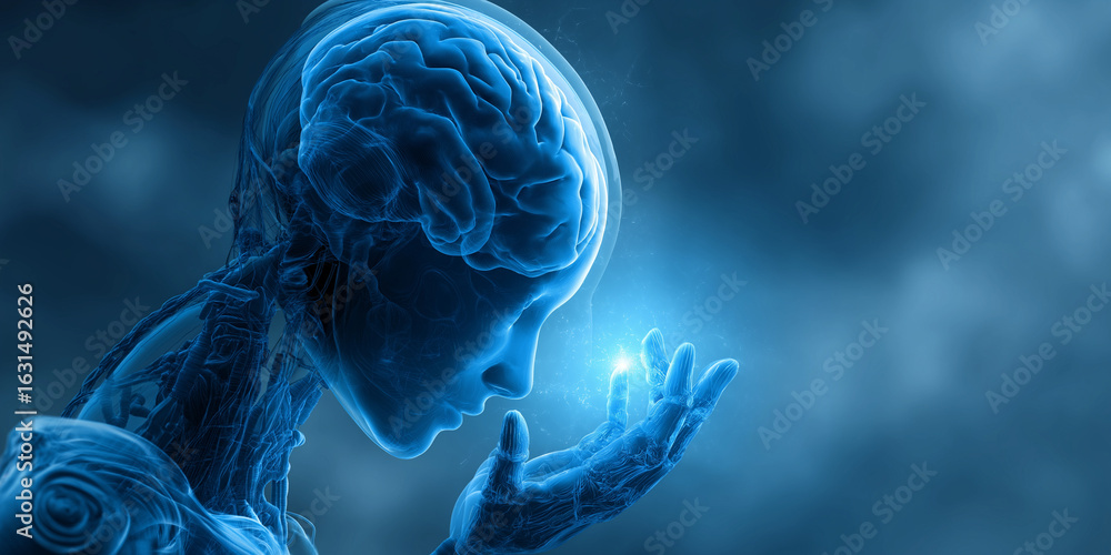 Poster digital illustration of human brain and nervous system glowing in blue, symbolizing intersection of 