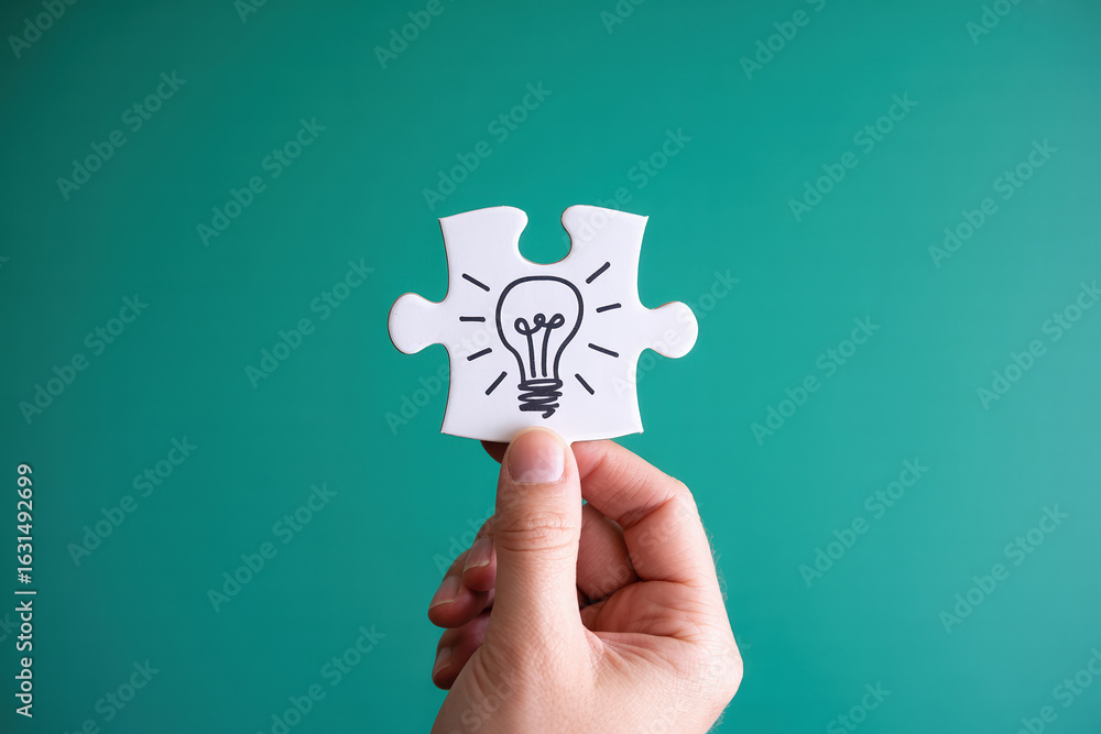 Poster creative idea conceptualization a hand holding a puzzle piece with a light bulb drawing symbolizing 