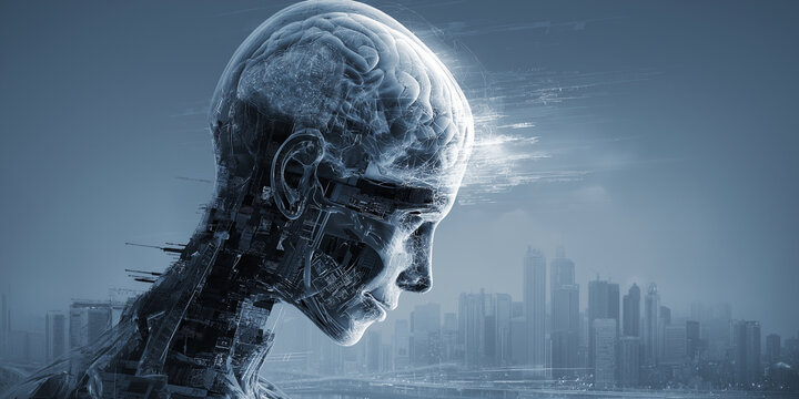 Futuristic digital human head with visible brain and cityscape background symbolizes integration of technology and urban life, highlighting advancements neurotechnology and global economic impact