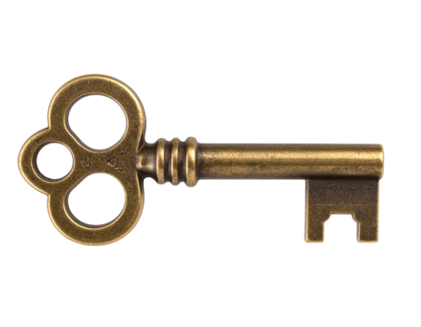 Vintage Ornate Antique Key with Intricate Design, Side View, Isolated on Transparent Background