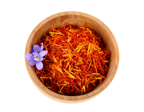 Wooden Bowl Filled with Saffron Threads and Fresh Violet Flowers, Top-Down Angle, Isolated on Transparent Background