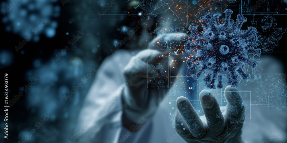 Aufkleber scientist in lab coat interacts with digital representation of virus, symbolizing intersection of te
