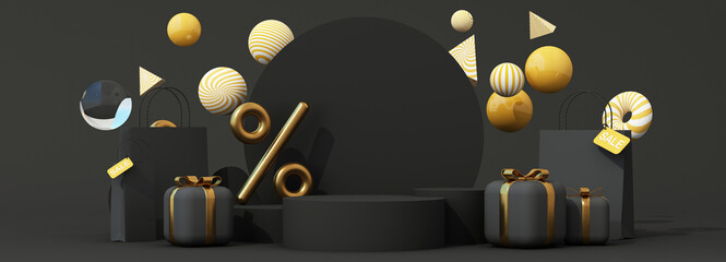 Dark luxury stage with golden percent symbol, black gift boxes, and sale bags. Perfect for Black Friday promotion and high-end retail ads. 3d render