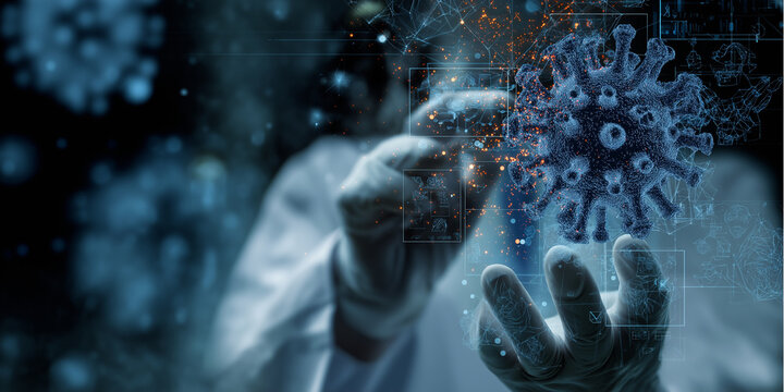 Scientist in lab coat interacts with digital representation of virus, symbolizing intersection of technology and biology. image conveys innovation and futuristic research