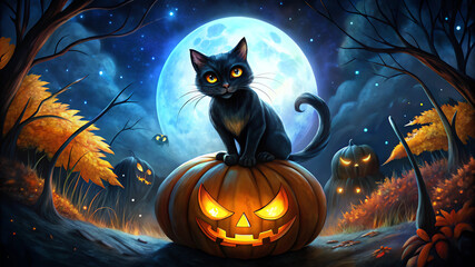 Halloween black cat sitting on a pumpkin under a full moon with glowing eyes