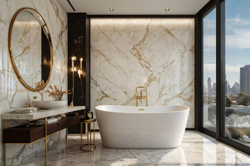 Modern bathroom with marble and gold accents image