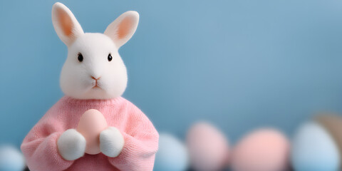 Fototapeta premium Cute pink bunny toy with pastel Easter eggs on blue background. Ideal for holiday promotions, children’s events or seasonal compositions.