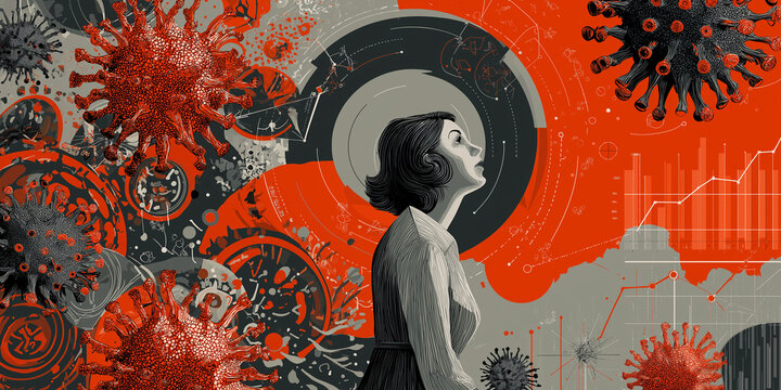 Woman gazes upward amidst dynamic illustration of viruses and data charts, symbolizing intersection of health and technology during pandemic. artwork uses bold red and gray tones to convey urgency