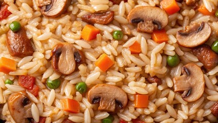 Delicious fried rice mixed with mushrooms, carrots, and green peas, showcasing vibrant colors and textures.