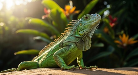 Obraz premium Vibrant Green Iguana with Spiky Dorsal Crest in Lush Tropical Foliage