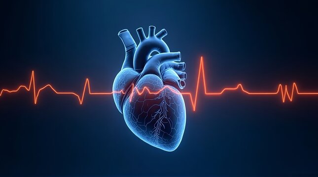 Anatomical heart with an electrocardiogram line on a dark background medical representation of health