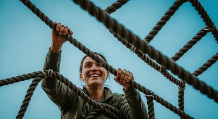 A smiling woman climbs a rope net against a clear blue sky her hands gripping the thick ropes tightly while looking upwards with determination climbing