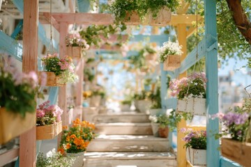 Naklejka premium Colorful floral pathway with vibrant hanging planters and sunlight filtering through greenery creates an inviting atmosphere in this picturesque garden scene.