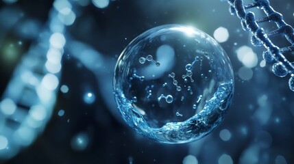 Water droplet sphere with molecules and DNA strand, abstract science background.