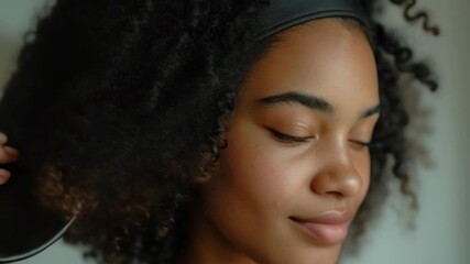 A woman in focus brushing her black hair. The shows a close-up of the action, capturing the moment during a daily self care routine.