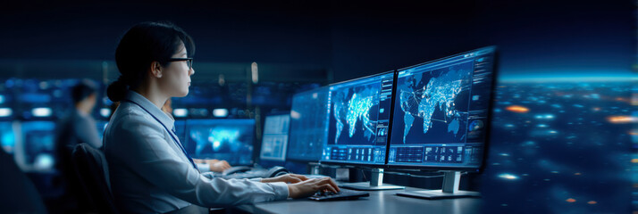 A woman analyzes data on multiple monitors in a high-tech environment, showcasing advanced technology and information processing.