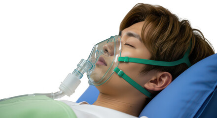 Person wearing cpap mask for sleep apnea isolated on transparent background