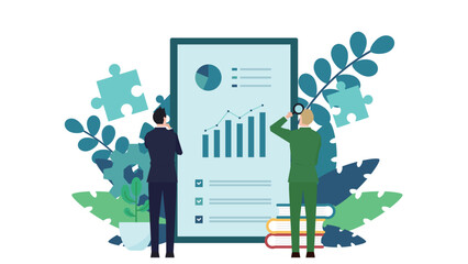 モニターに表示されたデータを分析しているビジネスマン（白）　Businessman analyzing data displayed on a monitor (white)