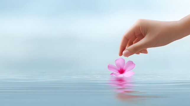 Hand holding a flower gently floating above water. Peaceful concept of letting go, healing, or farewell in soft pastel light. - Powered by Adobe