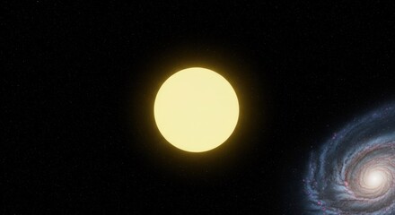 Yellow star, glowing, centered. Galaxy in background, right. Dark space