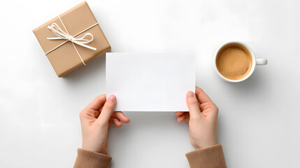 Top view of hands wrapping or unwrapping a gift box on white background. Minimal flat lay concept for celebration or delivery themes.