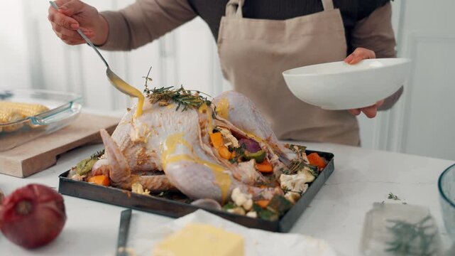 Woman, hands and meal prep with sauce for chicken seasoning or thanksgiving preparation in kitchen. Female person, food and flavor for home catering service, marinade or cooking recipe in house