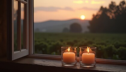 Candles on Window Sill with Sunset Landscape