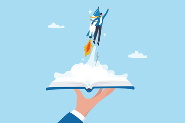 Learning and education, training or innovation to study, launch new project rocket, inspiration or growth achievement, invention concept, businessman with rocket launcher boost from education book.