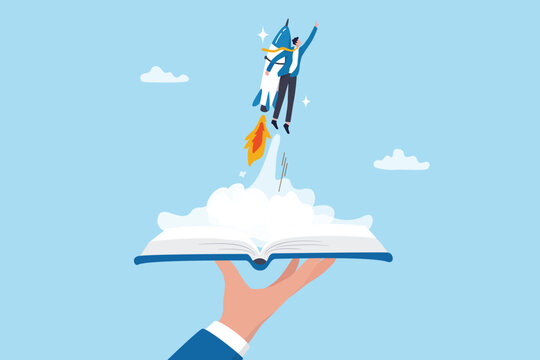 Learning and education, training or innovation to study, launch new project rocket, inspiration or growth achievement, invention concept, businessman with rocket launcher boost from education book.